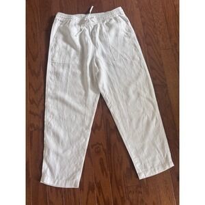 Lands End Women's White Pull On Tie Waist Linen‎ Crop Pants Sz 10 Travel Beach